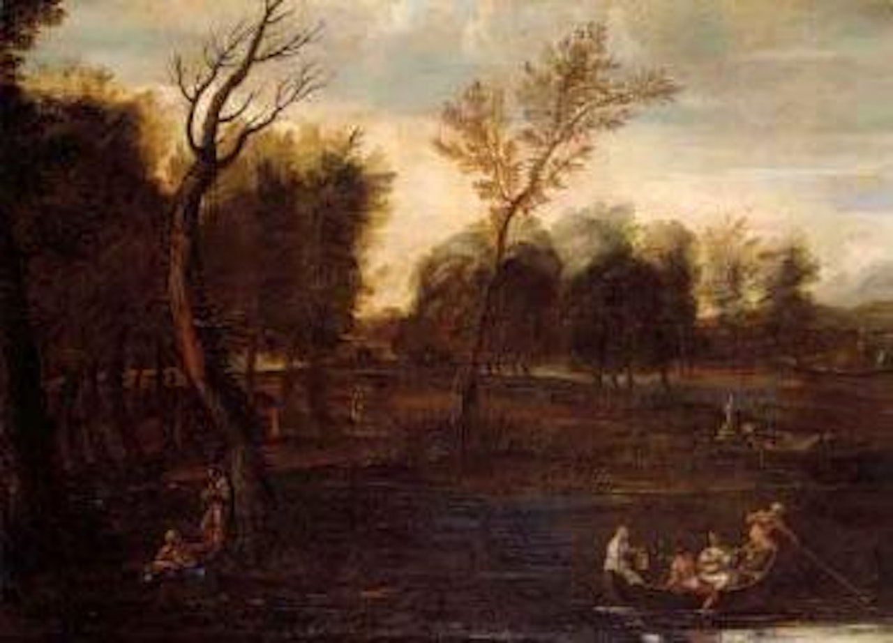 River landscape with figures in boats by BOLOGNESE SCHOOL