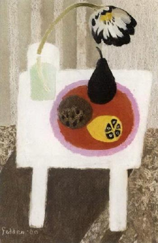 Still life with lemon and pear on a table by Mary Fedden