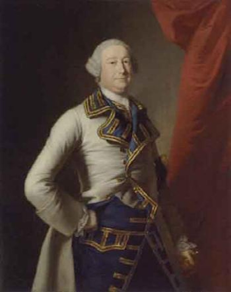 Portrait of John Rolle Walter in a blue lined coat with gold trimming and blue and gold waistcoat by Thomas Hudson
