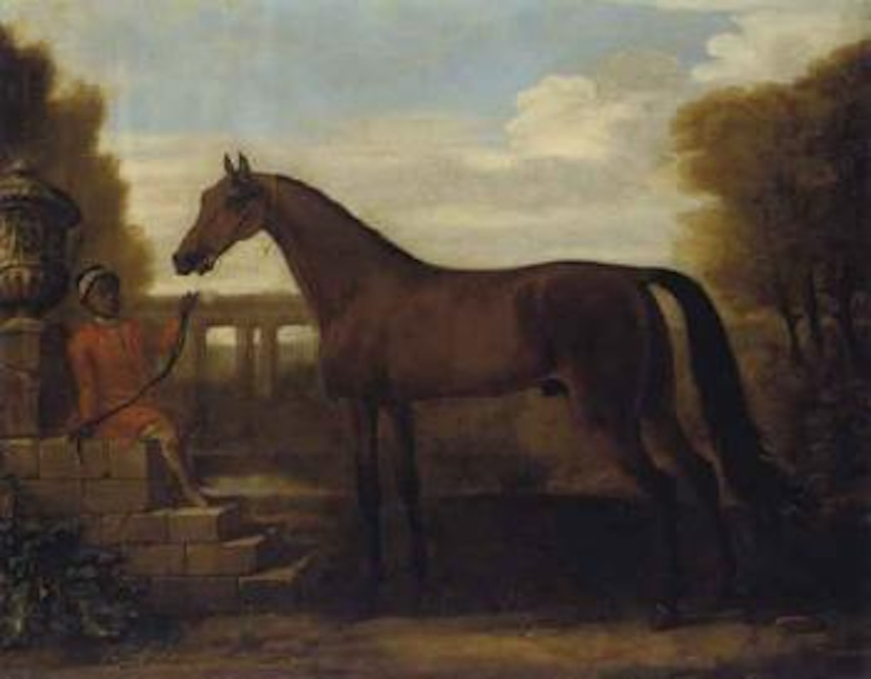 Dark Arab stallion, held by a groom seated on stone steps by John Wootton