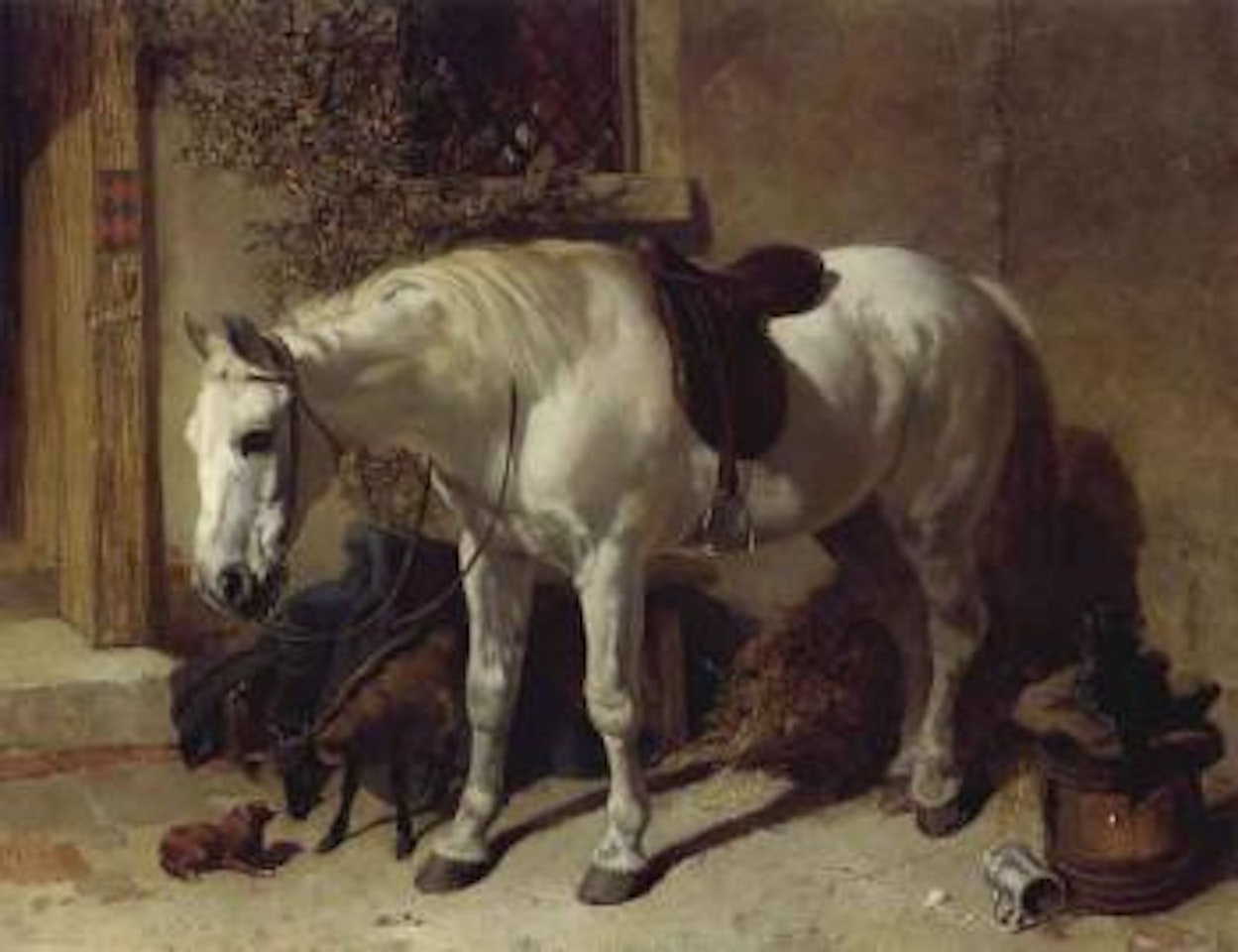 Grey horse, with a goat, toy spaniel and a cat seated on a upturned barrel by John Frederick Herring