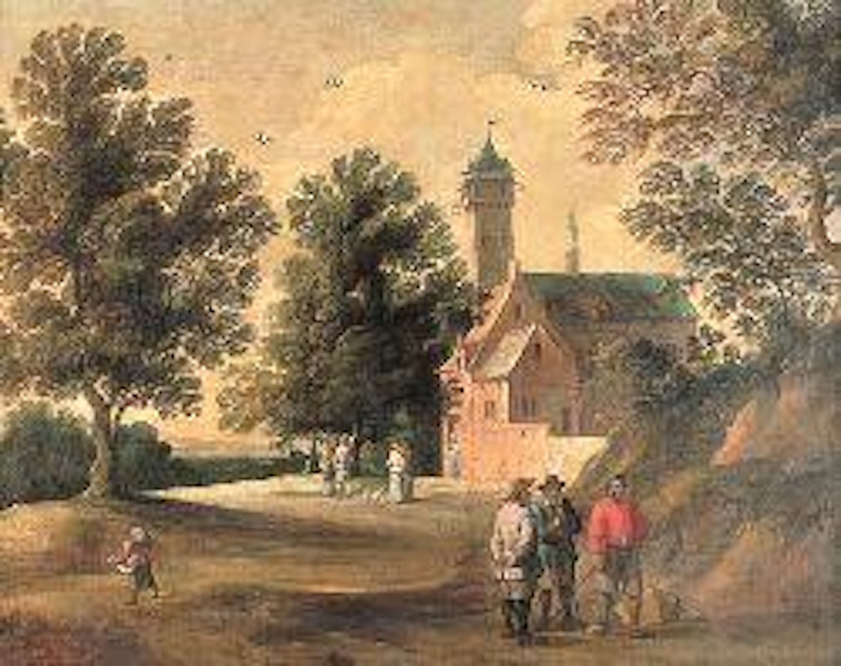 Wooded landscape with figures talking outside a building by David Teniers II