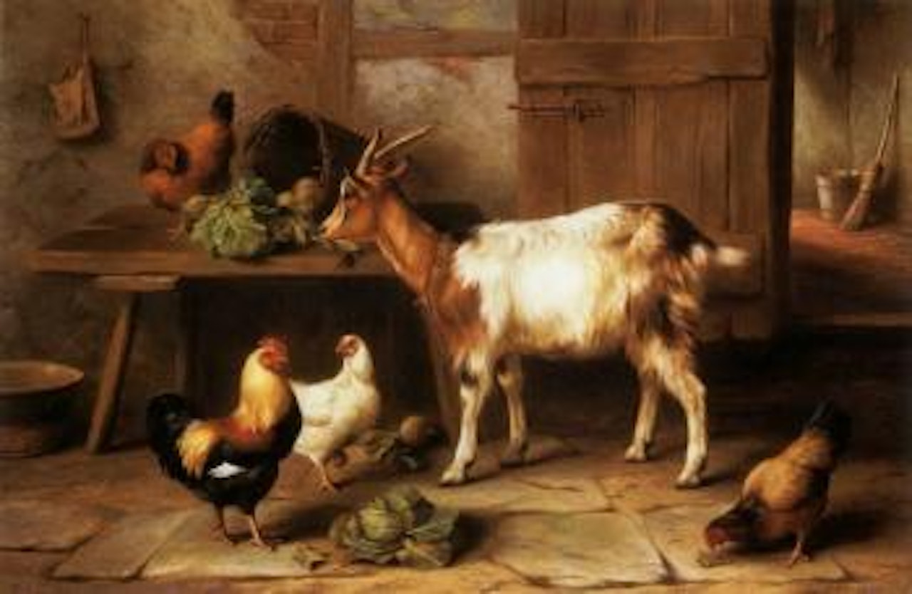 Goat and chickens feeding in a cottage interior by Edgar Hunt