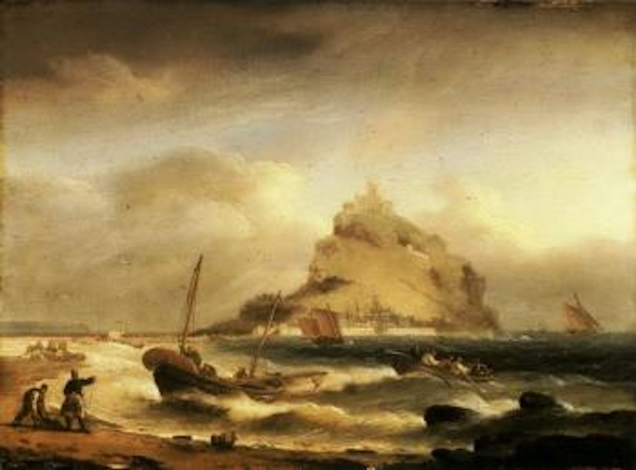Fishermen rowing in, before St. Michael's Mount by Thomas Luny