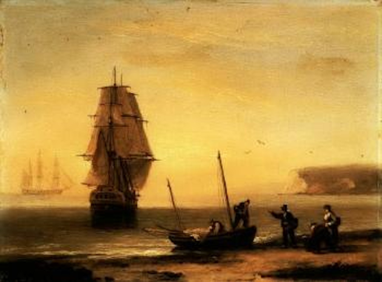 Naval ships setting sail with a revenue cutter off Berry Head, Tobay. Fishermen unloading the catch by Thomas Luny