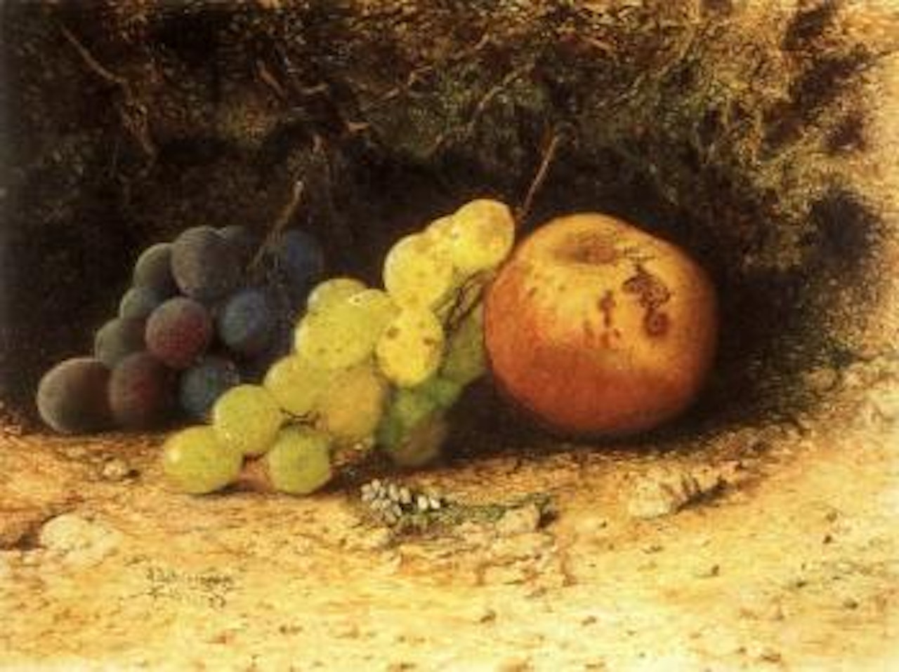 Still life of grapes, apples and a sprig of heather by John Atkinson Grimshaw