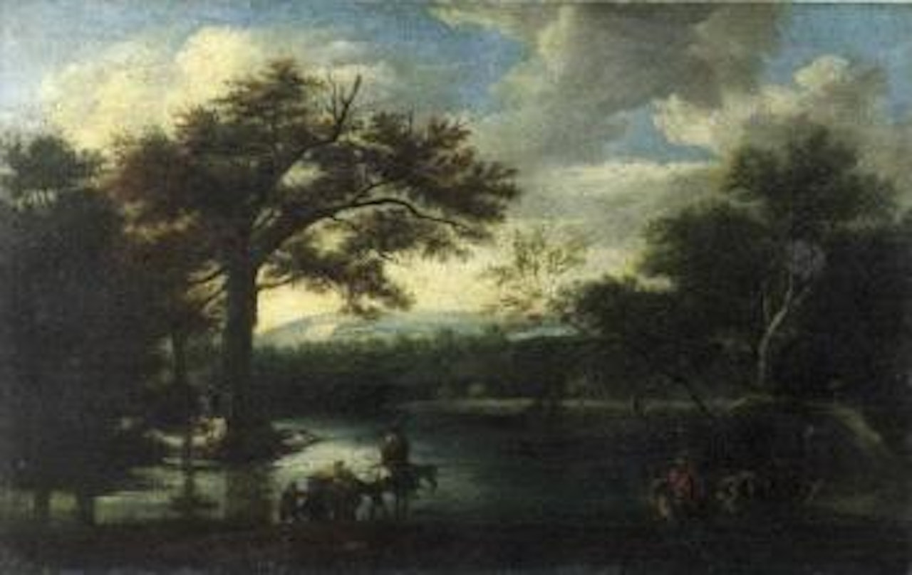 Landscape with river and travellers by Roman School