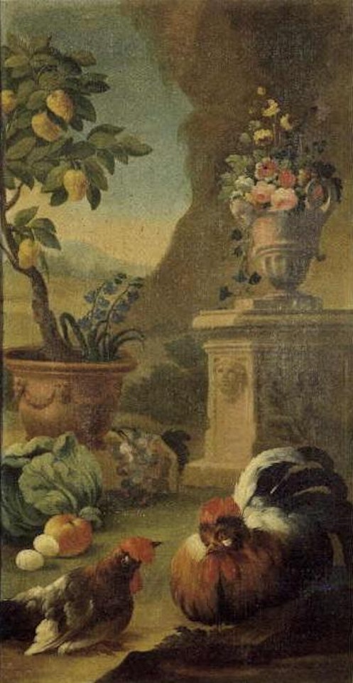 Cock and hen with fruit. Hen with chicks and fruit by Italian School