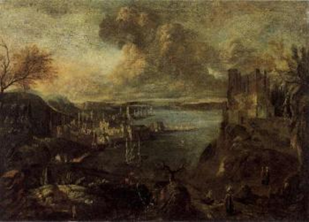 Marine landscape with gothic town by Flemish School