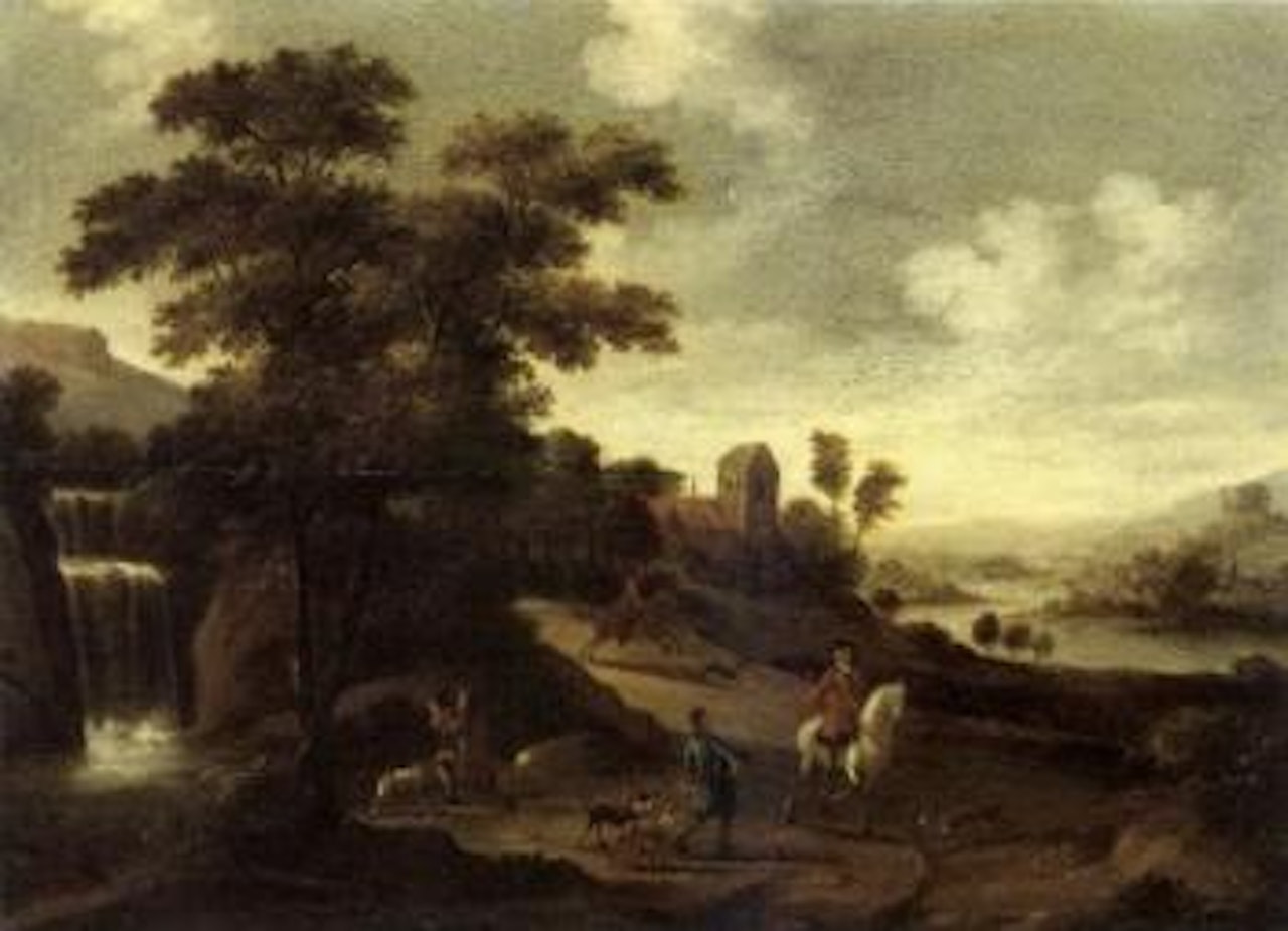 Knights and travellers by lake by Flemish School