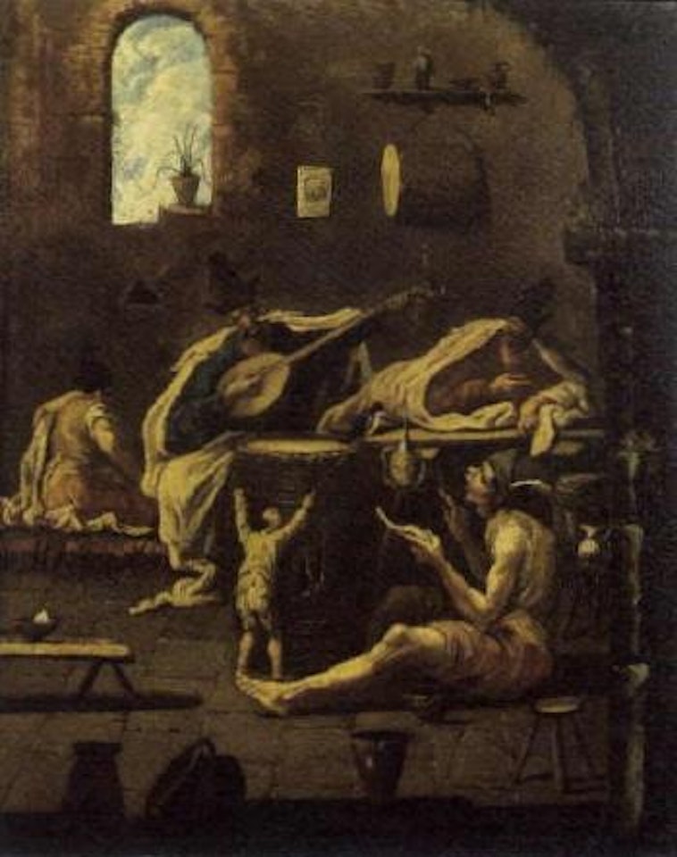 Musicians and beggars in inn by Alessandro Magnasco