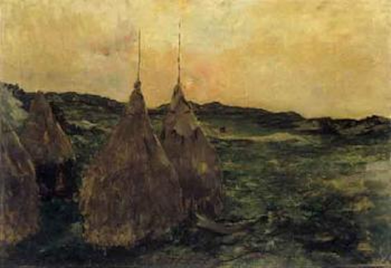 The hay stacks at sunset by Constantin Meunier