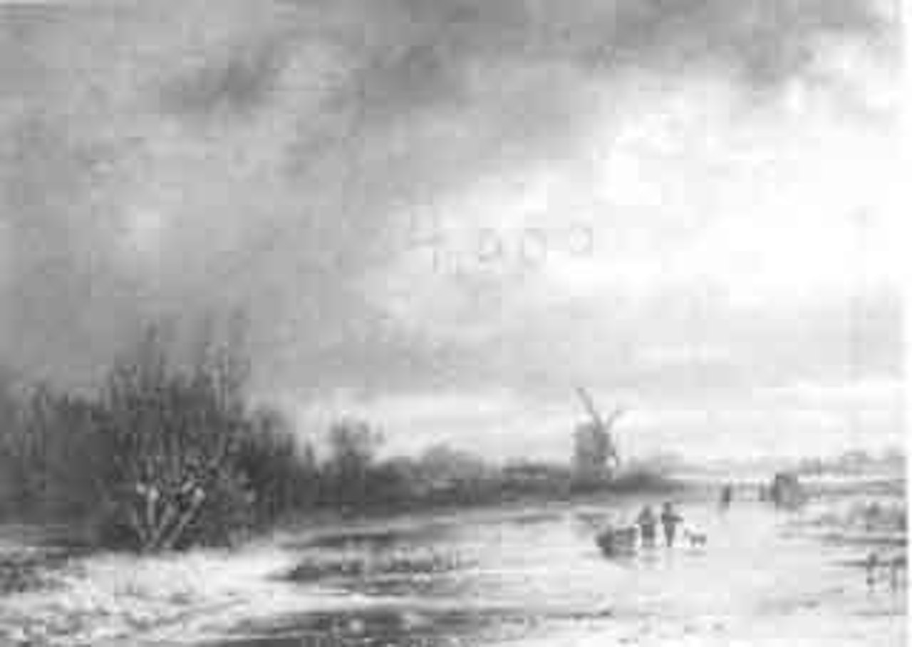 Winter landscape with windmill and figures on the ice by Dutch School
