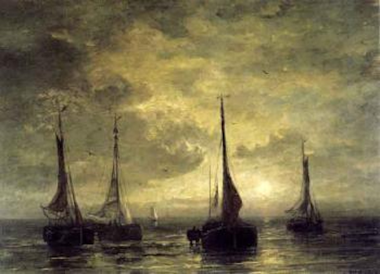 Bomschuiten on the coast by moonlight by Hendrik-Willem Mesdag