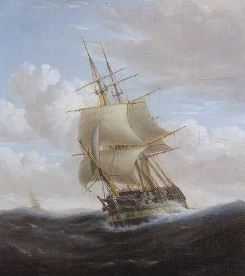 British frigate with other shipping in an open sea by Joseph Walter Of Bristol