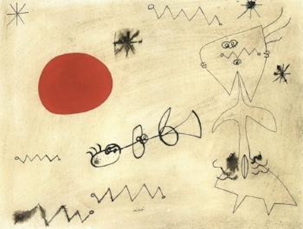 Femme et oiseau devant le soleil by Joan Miró
