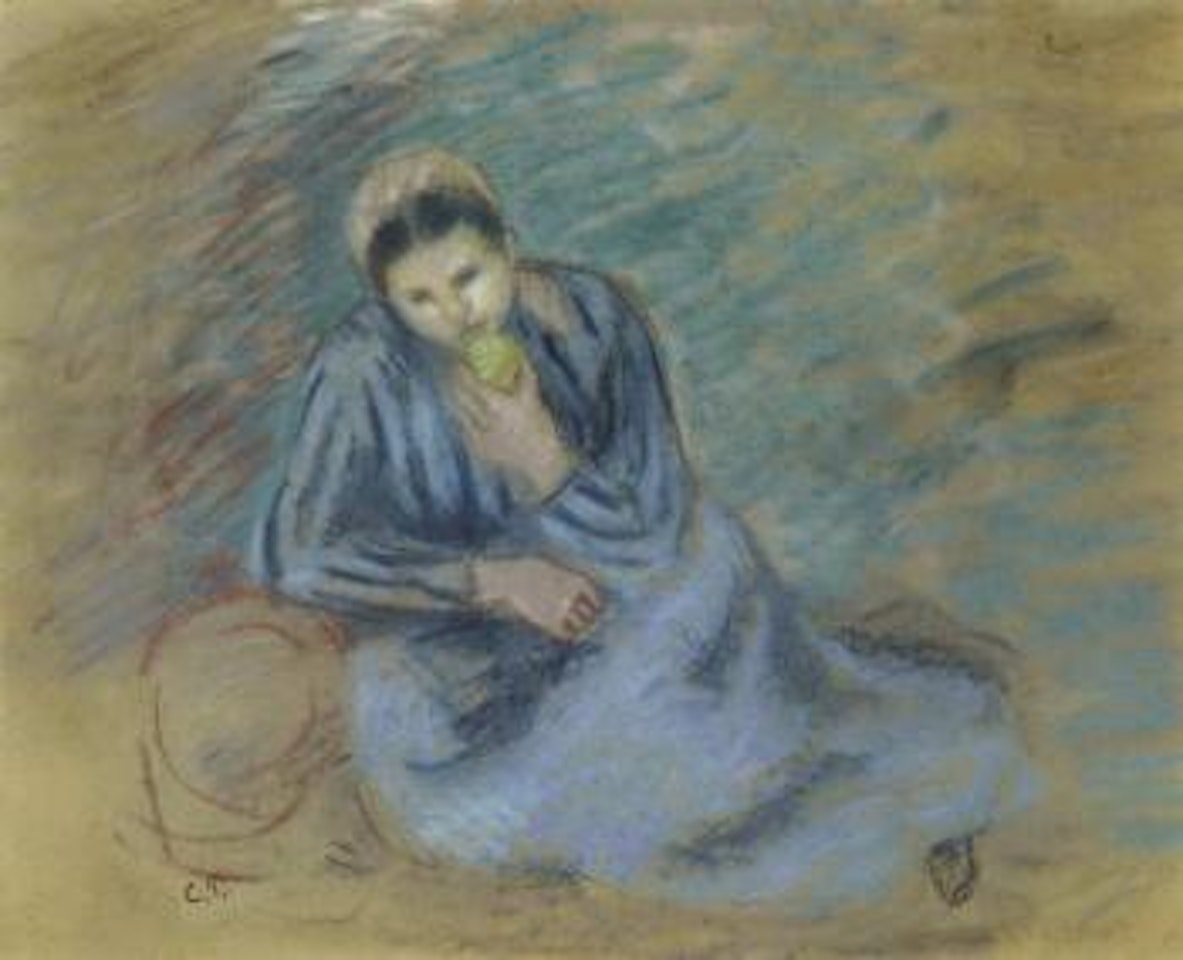 Paysanne assise croquant une pomme by Camille Pissarro