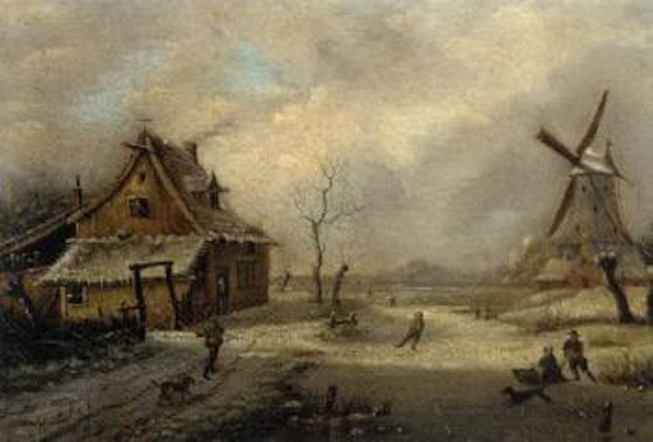 Figures in a frozen winter landscape with windmill beyond