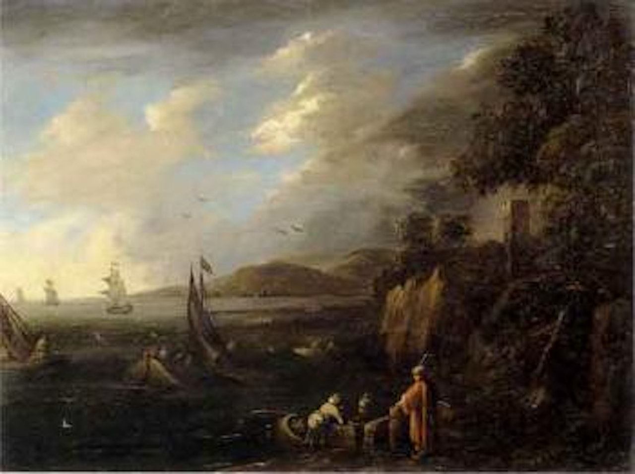 Marine landscape with ships and merchants on quay by Dutch School