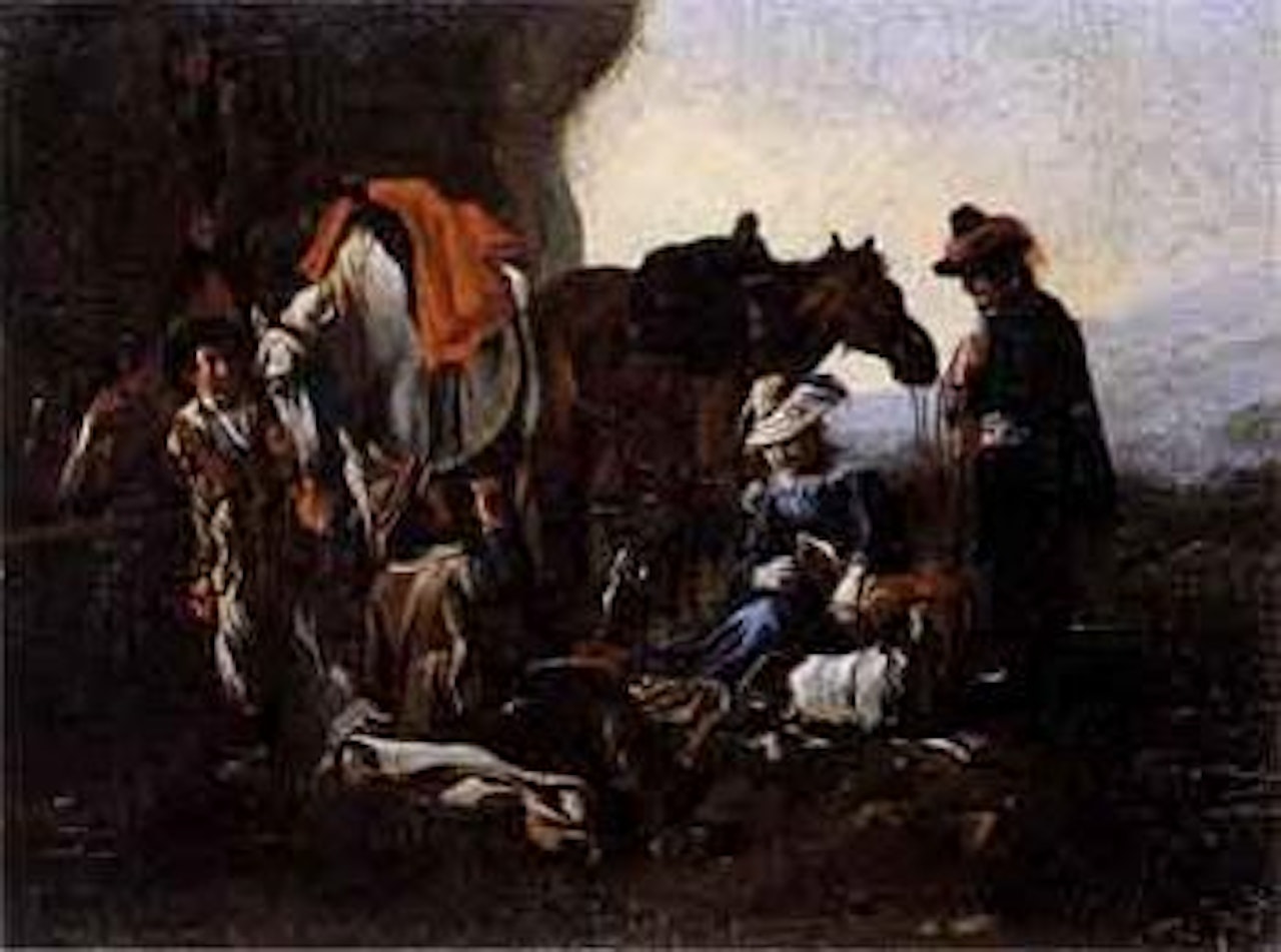 Travellers and horses resting by Dutch School