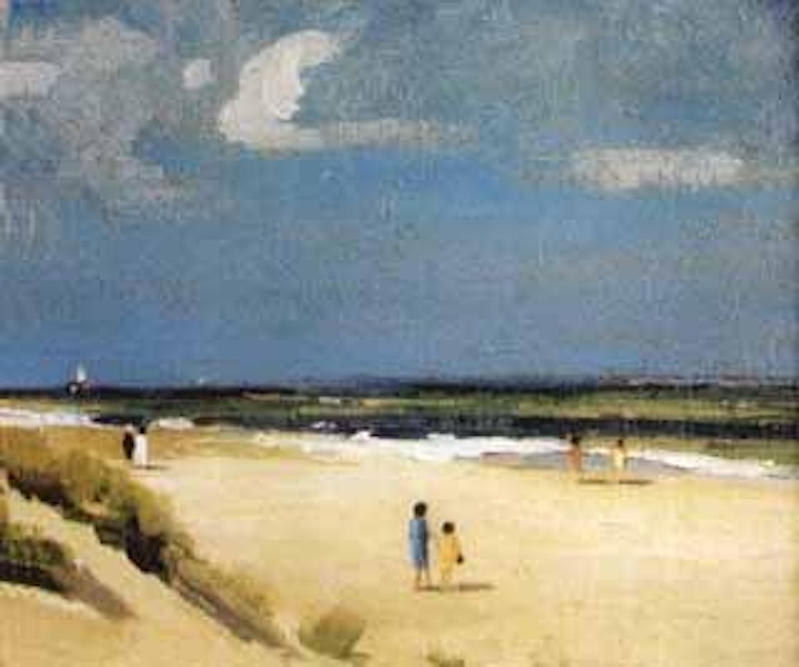 Small beach scene with figures by Campbell Mellon