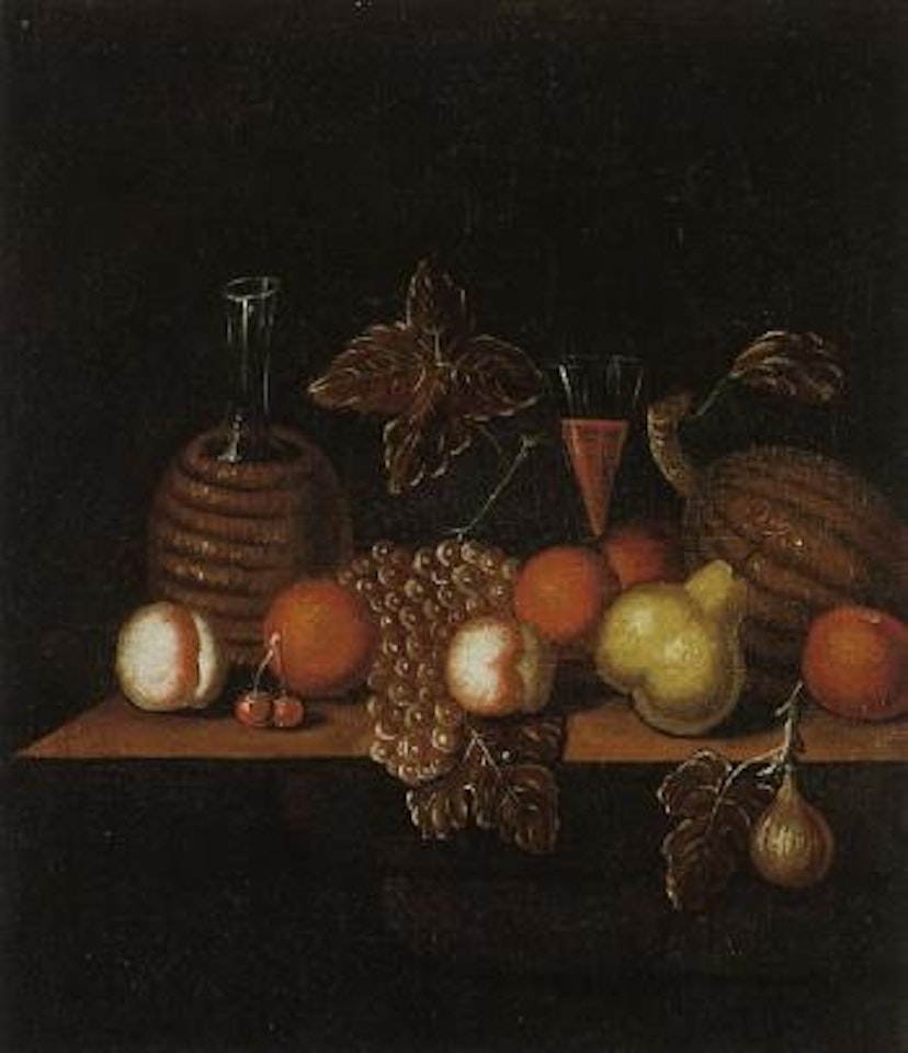Still life with fruit and a wicker bottle by Netherlandish School