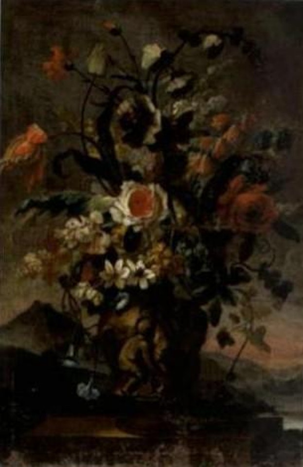 Large decorative bouquet of flowers in a landscape by Franz Werner von Tamm