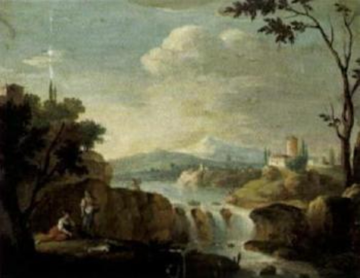 River landscape with a palace and waterfall by Francesco Zuccarelli