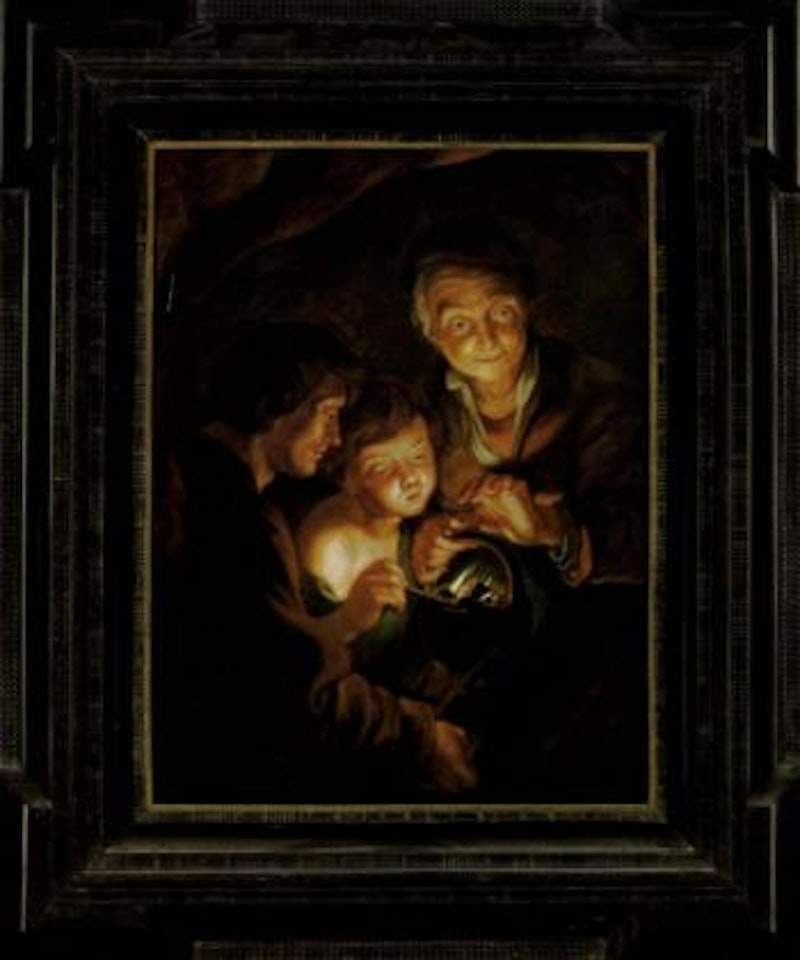 An old woman , man and a boy warming themselves by a brazier by Peter Paul Rubens