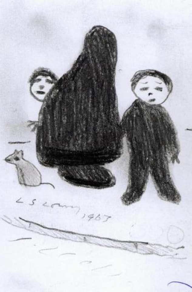 Mother and children with dog by Laurence Stephen Lowry