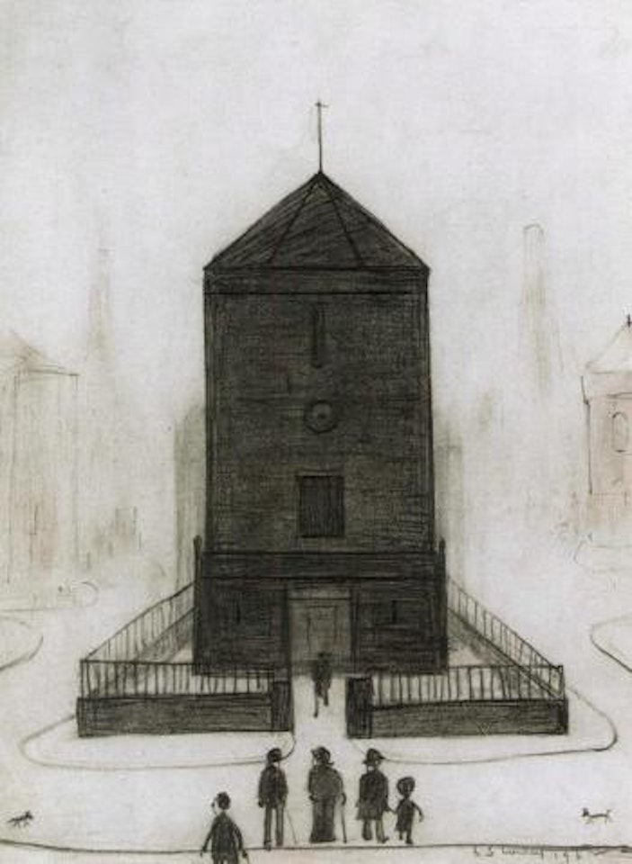Figures outside a church by Laurence Stephen Lowry