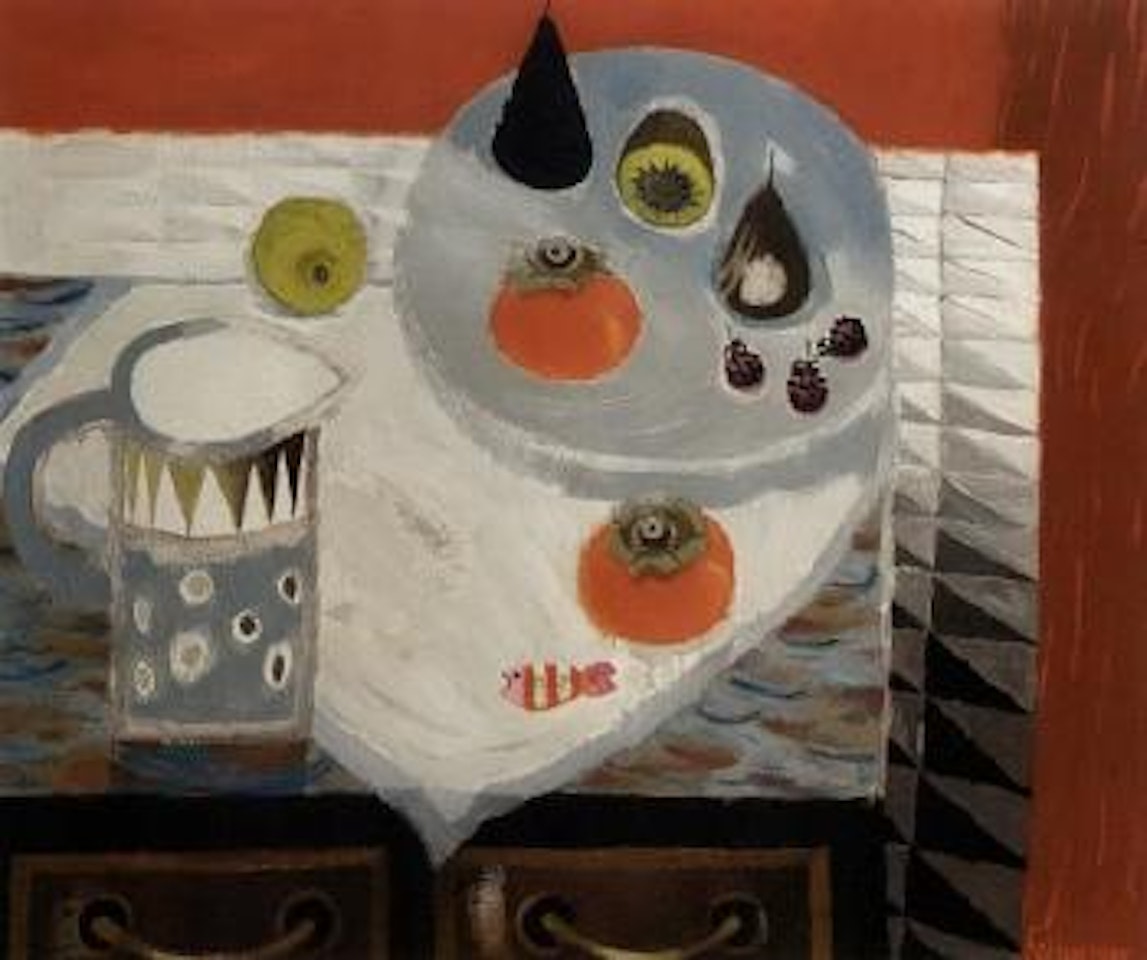 Table still life with pears, kiwi, lemon, fish and jug by Mary Fedden