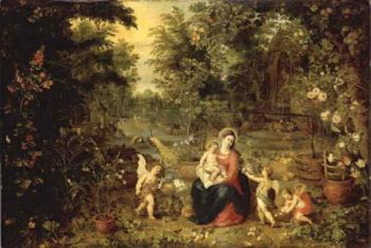 Madonna and Child seated in a garden with putti, birds and animals by Jan Brueghel the Younger