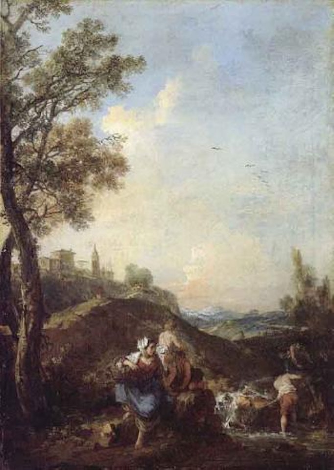 Italianate landscape with a washerwoman and boys fishing. Italianate landscape with travellers by Francesco Zuccarelli
