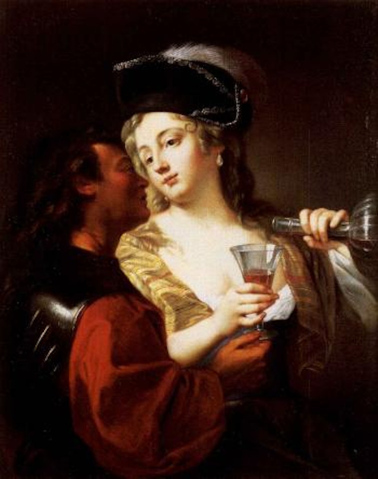 Cavalier and a woman conversing and drinking wine by German School
