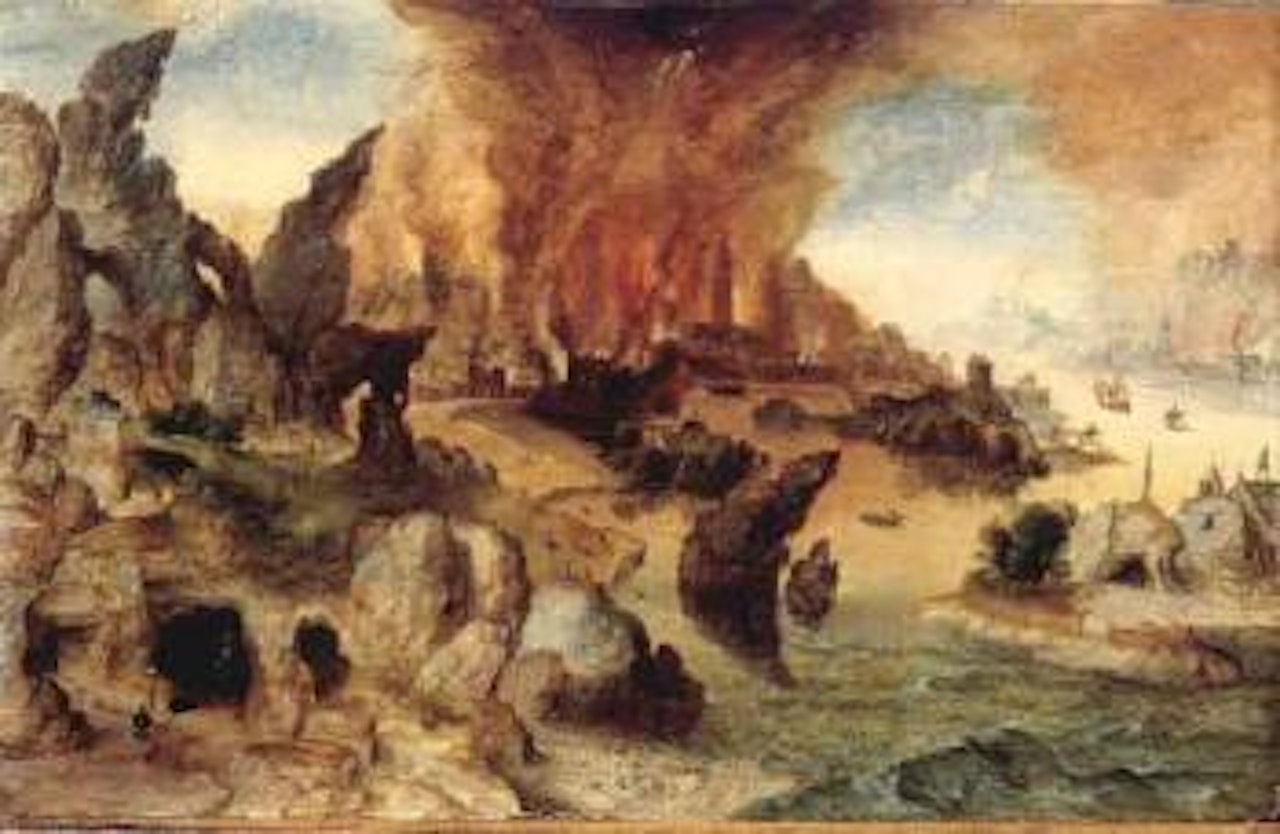 Mountainous landscape with Lot and his daughters by Herri met de Bles