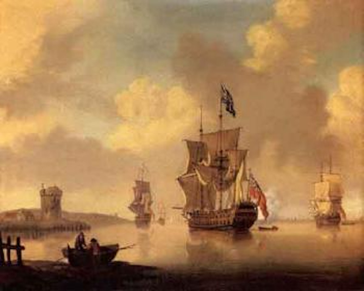 English man-o-war firing guns. English men-o-war meeting a Dutch Boeier by Francis Swaine