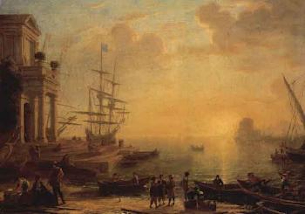 Capriccio of an Italianate harbour at sunset, with merchants, fishermen by Claude Lorrain