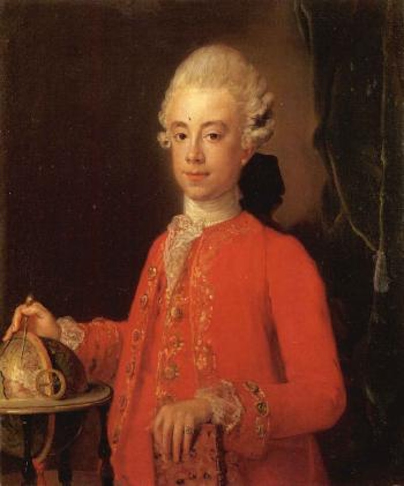 Portrait of a young astrologer wearing a red coat and standing next to a globe by Roman School