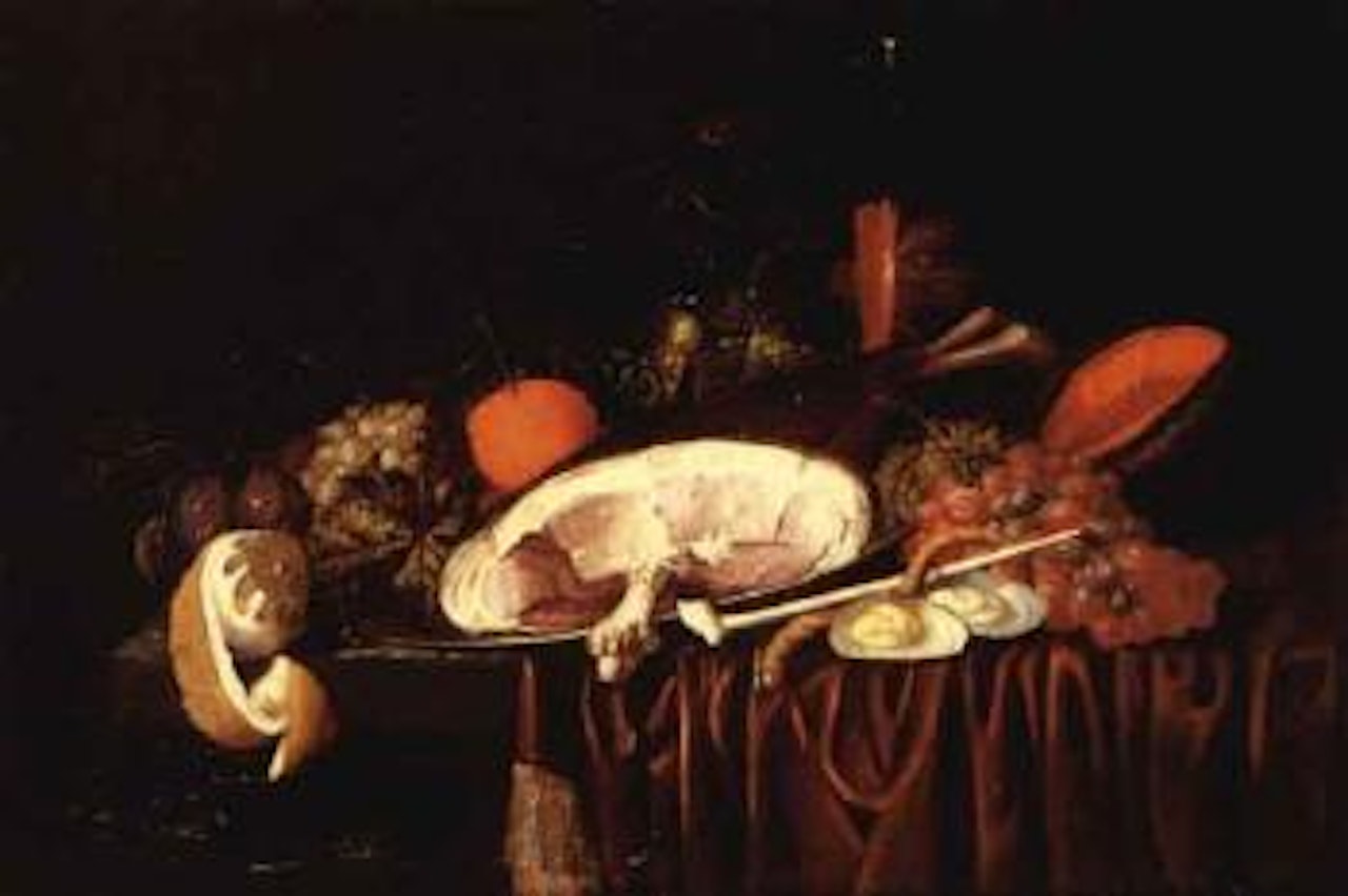 Ham on a pewter plate, pipe, oysters and other foods on a draped table by Jan Pauwel Gillemans