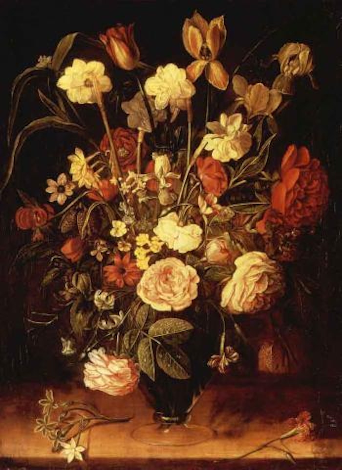 Tulips, anemones and other flowers with butterfly, in a glass vase on wooden ledge by Isaak Soreau