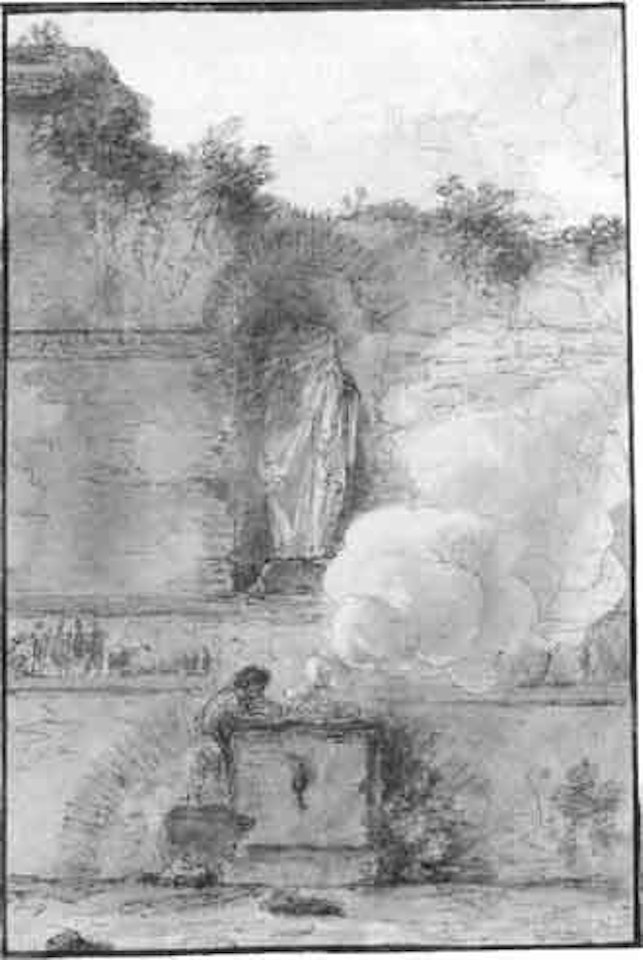 Ruins of a classical votive niche with a child sacrificing at an altar by Victor Jean Nicolle