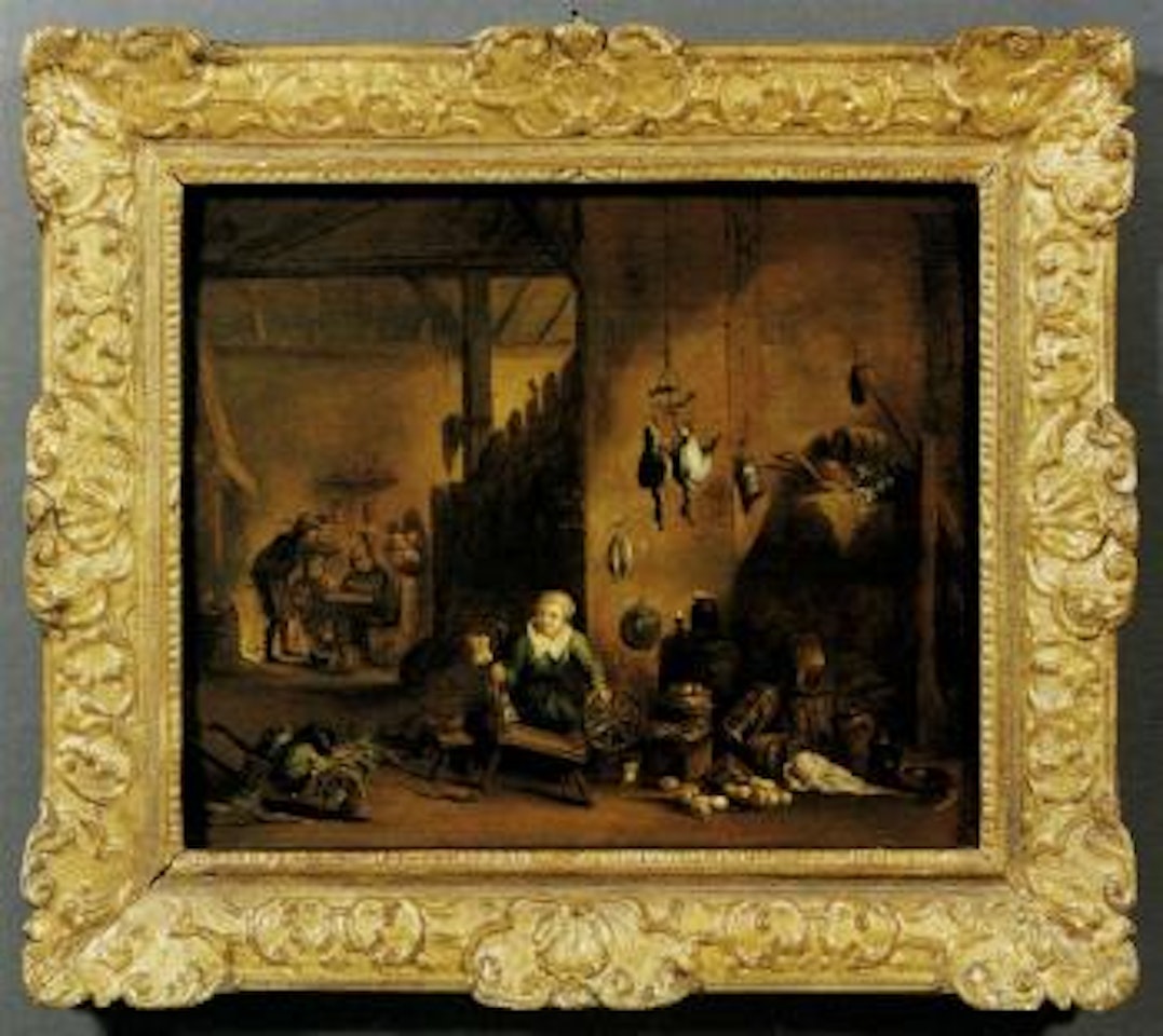 Interior of kitchen with spinner and people drinking by Flemish School
