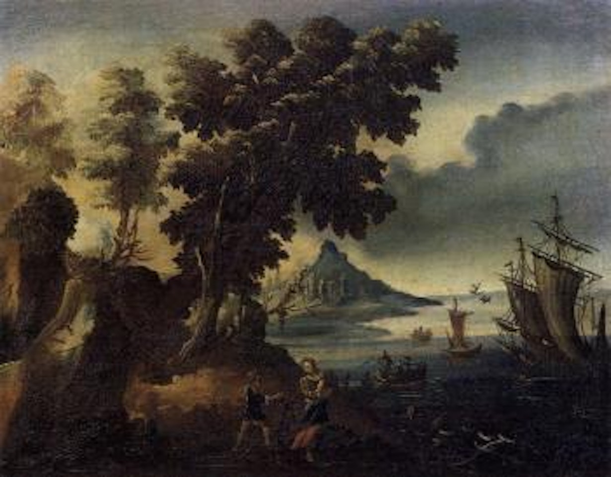 Seascape with ships and mountain by Flemish School