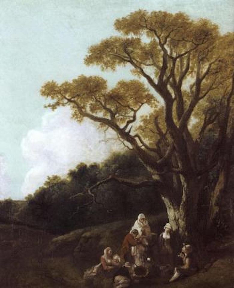 Wooded landscape with peasants and donkey round a fire by Thomas Gainsborough