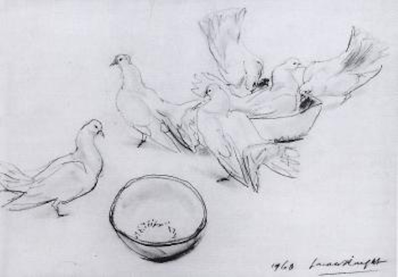 Feeding birds by Laura Knight