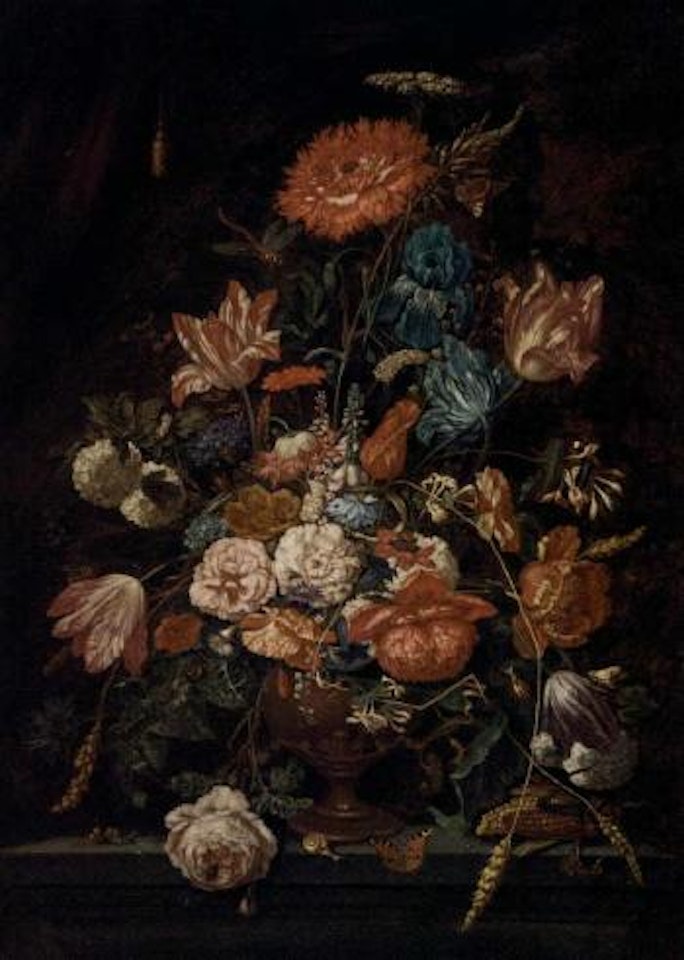 Roses, carnations and other flowers in an urn with insects by Abraham Mignon