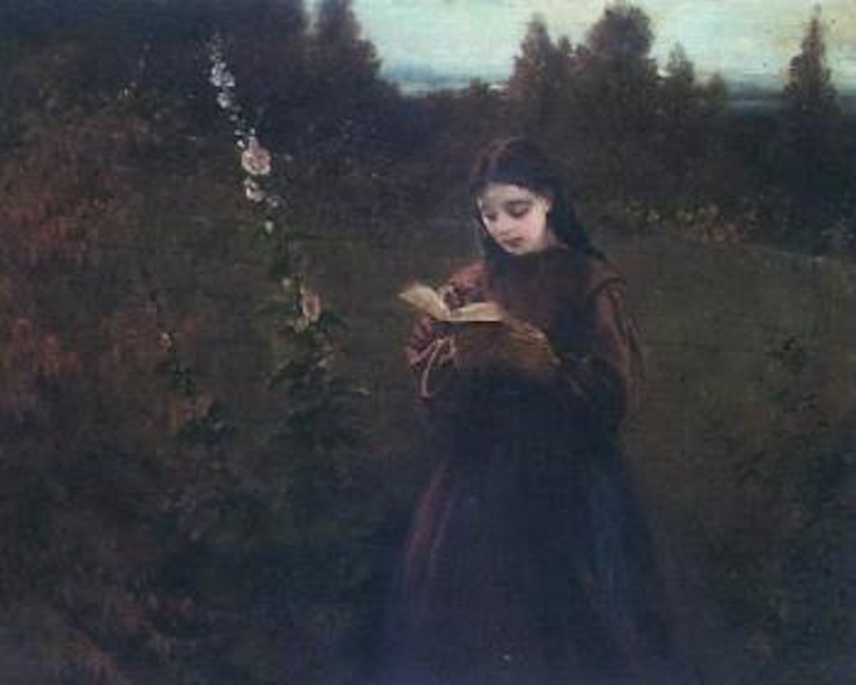 Young girl reading in a garden by English School
