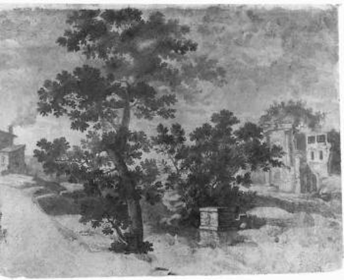 Italian landscape with tress and classical building. study sketch of sky above a church by Claude Lorrain