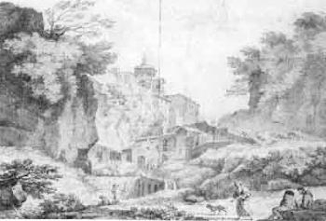 Peasants and herdsmen below an Italian hill town. Peasants by a rocky gorge by Claude Joseph Vernet